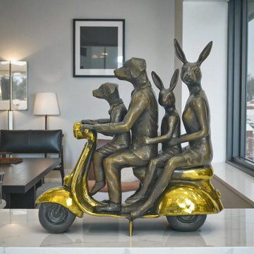 The Golden Family Vespa Riders (Bronze Sculpture, Miniature Collection)