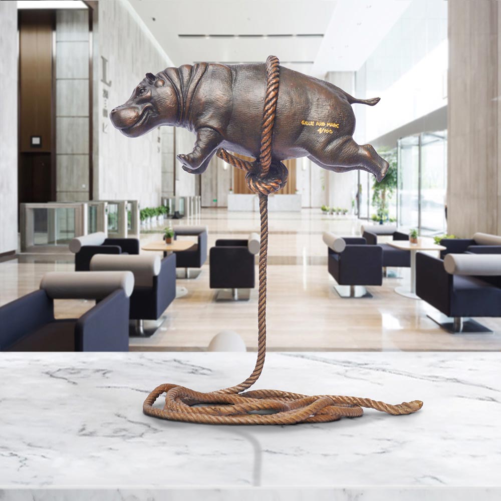 Baby Hippo Flying High For The First Time (Bronze Sculpture