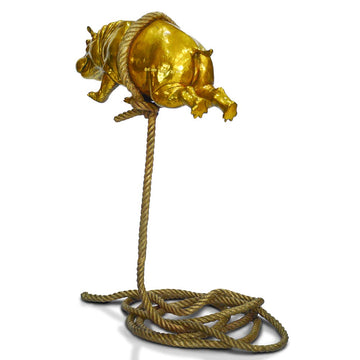 Flying Golden Hippo on Short Rope (Bronze Sculpture)