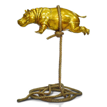 Flying Golden Hippo on Short Rope (Bronze Sculpture)