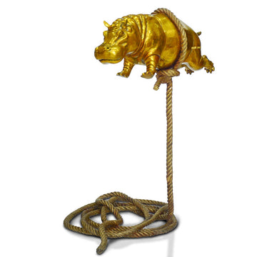 Flying Golden Hippo on Short Rope (Bronze Sculpture)