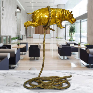 Flying Golden Hippo on Short Rope (Bronze Sculpture)