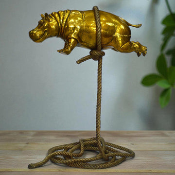Flying Golden Hippo on Short Rope (Bronze Sculpture)