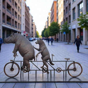 The Hippo and Red Wolf Race on the Bicycle (Bronze Sculpture)