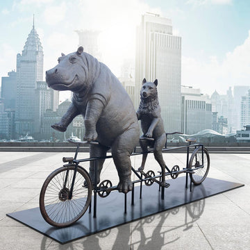 The Hippo and Red Wolf Race on the Bicycle (Bronze Sculpture)