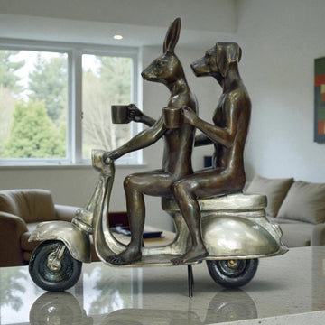 Their Morning Ride Started with Cappuccino and a Kiss (Bronze Sculpture)