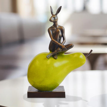 Rabbitwoman Loves Her Pear (Bronze Sculpture)