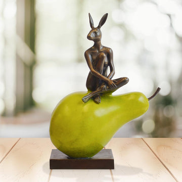 Rabbitwoman Loves Her Pear (Bronze Sculpture)