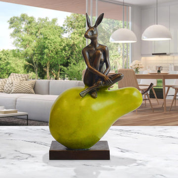 Rabbitwoman Loves Her Pear (Bronze Sculpture)