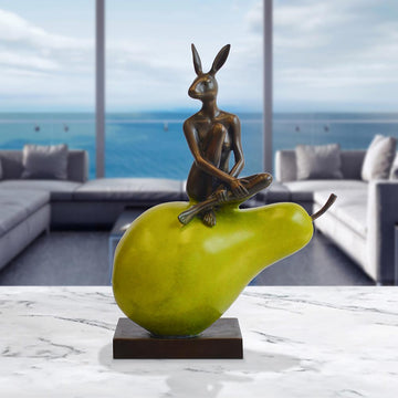 Rabbitwoman Loves Her Pear (Bronze Sculpture)