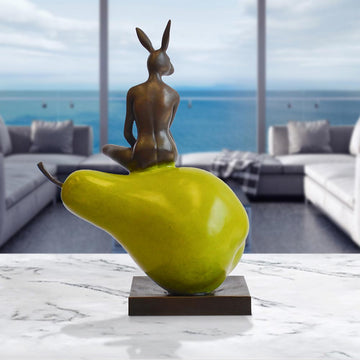 Rabbitwoman Loves Her Pear (Bronze Sculpture)