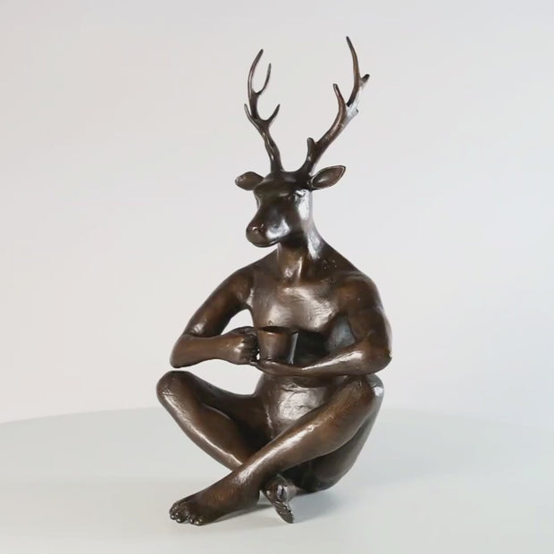 The Deerman Loves His Flat White (Bronze Sculpture, Miniature