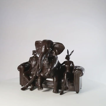The African Elephant with Rabbitwoman and Dogman Will Never Forget (Bronze Sculpture)