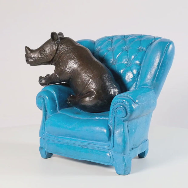 Rhino Me Time on a Chair (Bronze Sculpture, Miniature Collection