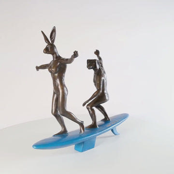 They Surfed a Pipeline Together (Bronze Sculpture, Miniature Collection)
