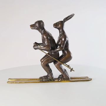 He Loved Skiing with His Snow Bunny (Bronze Sculpture, Miniature Collection)