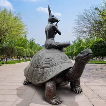 The Giant Tortoise and Rabbitwoman Loved the Sound of the Wild (Bronze Sculpture)
