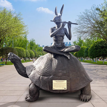 The Giant Tortoise and Rabbitwoman Loved the Sound of the Wild (Bronze Sculpture)