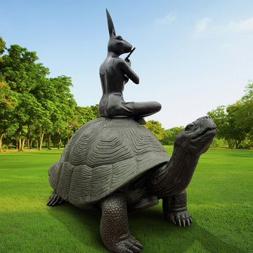 The Giant Tortoise and Rabbitwoman Loved the Sound of the Wild (Bronze Sculpture)
