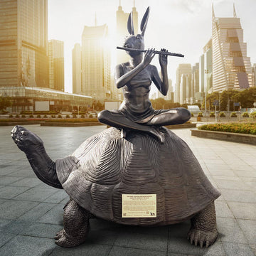 The Giant Tortoise and Rabbitwoman Loved the Sound of the Wild (Bronze Sculpture)
