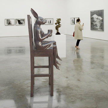 Rabbitwoman and Dogman Above It All, Savoring a Morning Brew (Bronze Sculpture, Mid-Size)