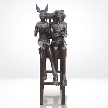 Rabbitwoman and Dogman Above It All, Savoring a Morning Brew (Bronze Sculpture, Mid-Size)