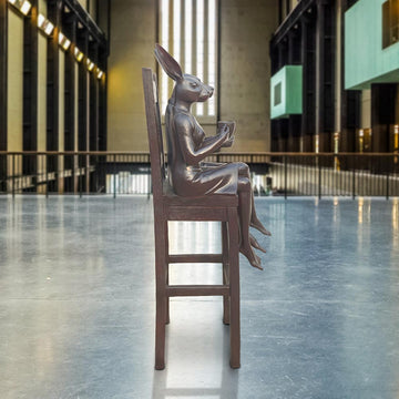 Rabbitwoman and Dogman Above It All, Savoring a Morning Brew (Bronze Sculpture, Mid-Size)