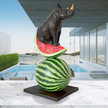 Golden Rhino Loves Watermelons (Bronze Sculpture)