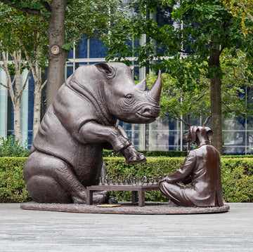 The White Rhino Was Thinking Ahead with Dogman's Encouragement (Bronze Sculpture)