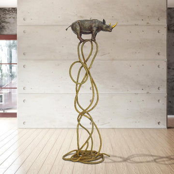 Golden Rhino Suspended on Rope and Feeling Very Safe (Bronze Sculpture)