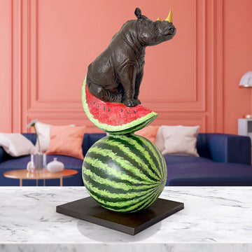 Golden Rhino Loves Watermelons (Bronze Sculpture)