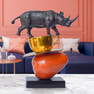 The Rhino Just Wanted a Pear and Cappuccino (Bronze Sculpture)