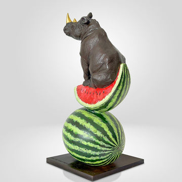 Golden Rhino Loves Watermelons (Bronze Sculpture)