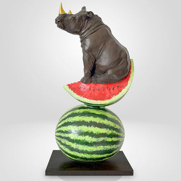 Golden Rhino Loves Watermelons (Bronze Sculpture)