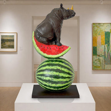 Golden Rhino Loves Watermelons (Bronze Sculpture)