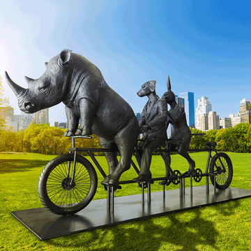 He Was on a Ride to a Safer Place with Rabbitwoman and Dogman (Bronze Sculpture)