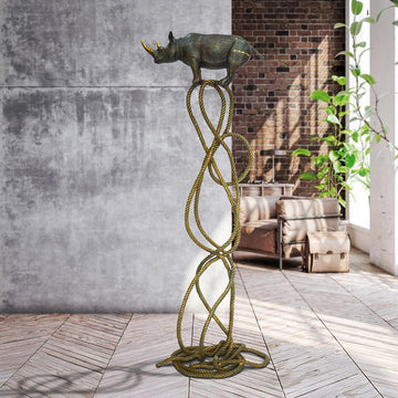 Golden Rhino Suspended on Rope and Feeling Very Safe (Bronze Sculpture)