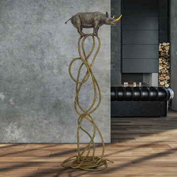 Golden Rhino Suspended on Rope and Feeling Very Safe (Bronze Sculpture)