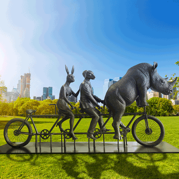 He Was on a Ride to a Safer Place with Rabbitwoman and Dogman (Bronze Sculpture)