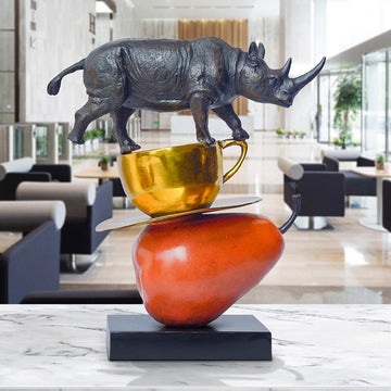 The Rhino Just Wanted a Pear and Cappuccino (Bronze Sculpture)