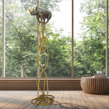 Golden Rhino Suspended on Rope and Feeling Very Safe (Bronze Sculpture)