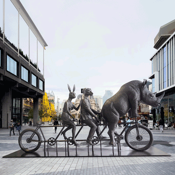He Was on a Ride to a Safer Place with Rabbitwoman and Dogman (Bronze Sculpture)