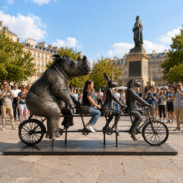 Rabbitwoman, Dogman, and the Northern White Rhino Journey Together for the Wild (Fibreglass Sculpture)