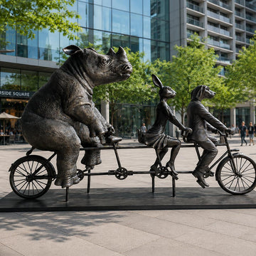 Rabbitwoman, Dogman, and the Northern White Rhino Journey Together for the Wild (Fibreglass Sculpture)