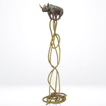 Golden Rhino Suspended on Rope and Feeling Very Safe (Bronze Sculpture)