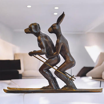 He Loved Skiing with His Snow Bunny (Bronze Sculpture, Miniature Collection)