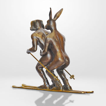 He Loved Skiing with His Snow Bunny (Bronze Sculpture, Miniature Collection)