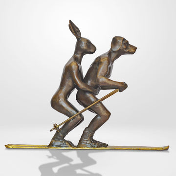 He Loved Skiing with His Snow Bunny (Bronze Sculpture, Miniature Collection)