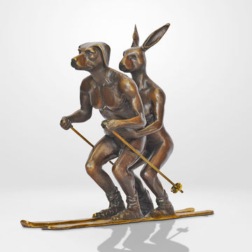 He Loved Skiing with His Snow Bunny (Bronze Sculpture, Miniature Collection)