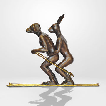 He Loved Skiing with His Snow Bunny (Bronze Sculpture, Miniature Collection)